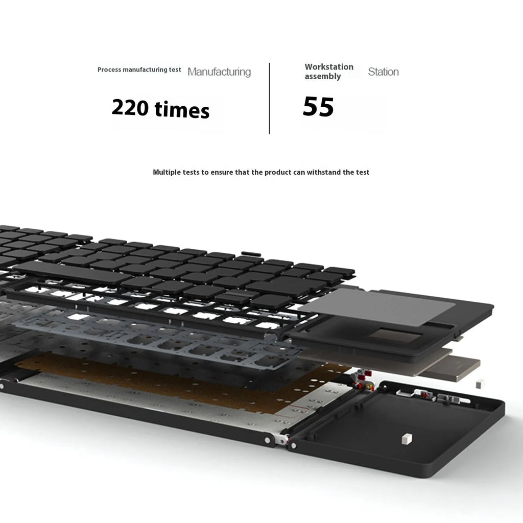 Black tri-fold Bluetooth keyboard shown unfolded next to folded silver version