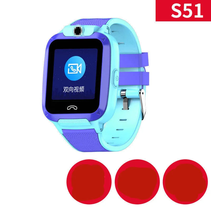 Blue children's smartwatch with a 1.44-inch screen on a silicone strap for video calls and GPS