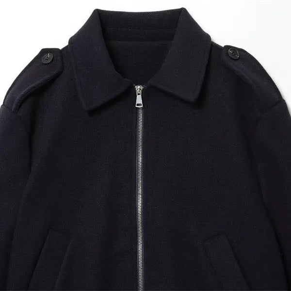 Women's navy blue PU turn-down collar coat with zipper front and long sleeves, casual medium-thickness jacket