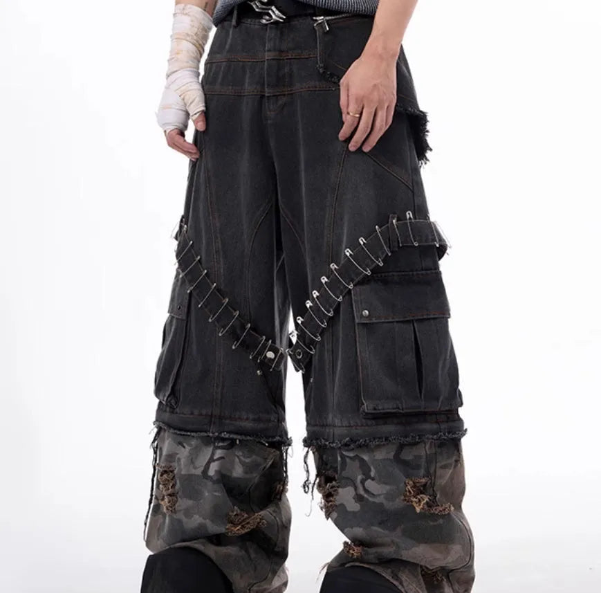 Men's grey camouflage splicing jeans with decorative pin and ribbon details