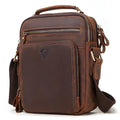 Men's brown Crazy Horse leather crossbody bag with sewing line details and shoulder strap