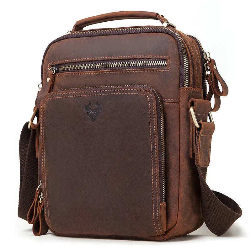 Men's brown Crazy Horse leather crossbody bag with sewing line details and shoulder strap