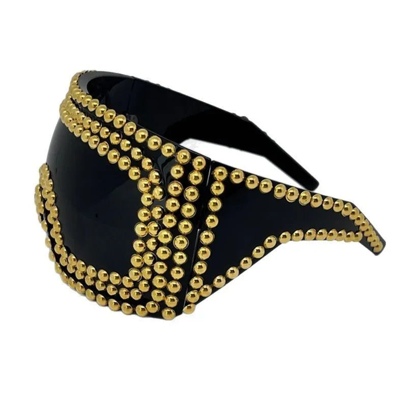 Men's punk style sunglasses with a large square frame and silver rivet details