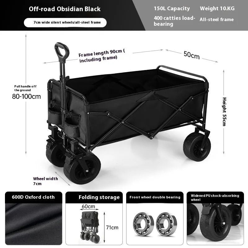 Black outdoor camping trolley with metal frame, 8-inch off-road wheels, and child lying inside, 400kg capacity