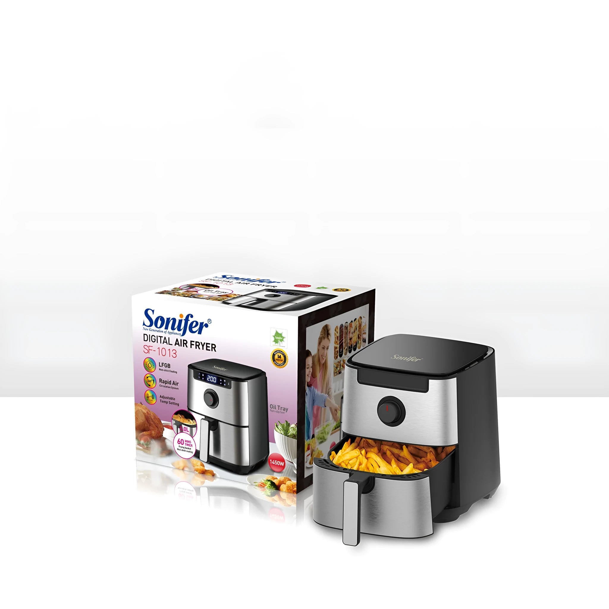 Black plastic household touch screen 5L air fryer with 1450W power and EU plug