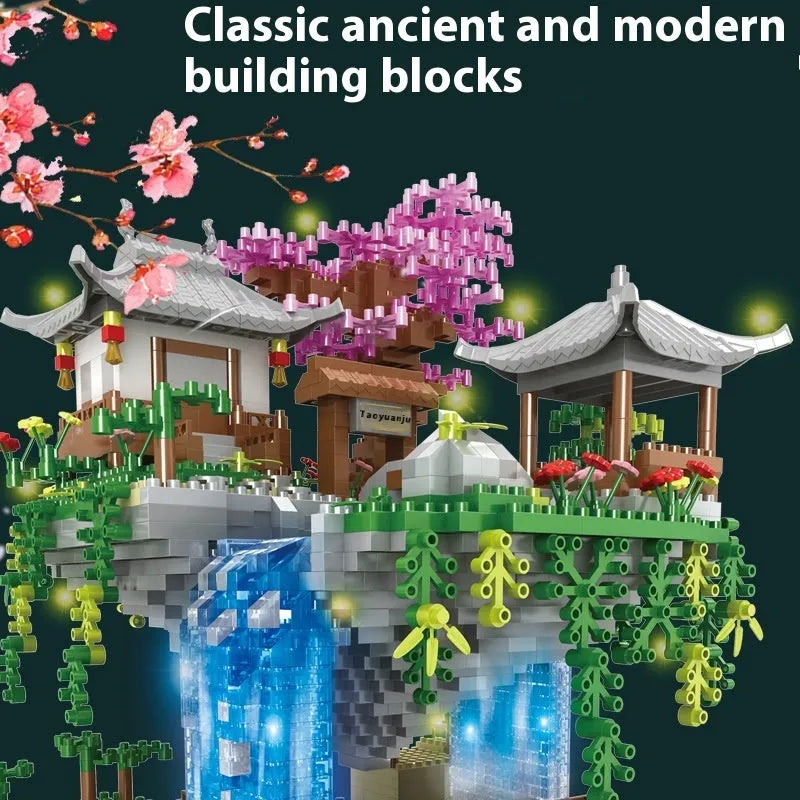 M2071 Peach Blossom Pond decorative lamp building block set with built-in lighting and acrylic dust cover
