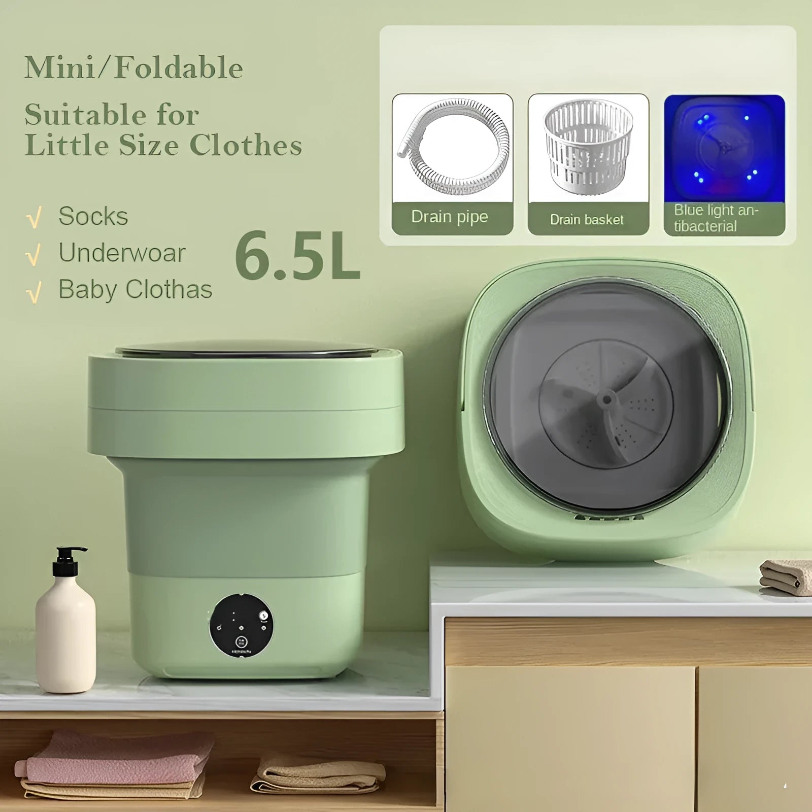 Green foldable portable mini washing machine for socks and underwear with drain pipe and basket.