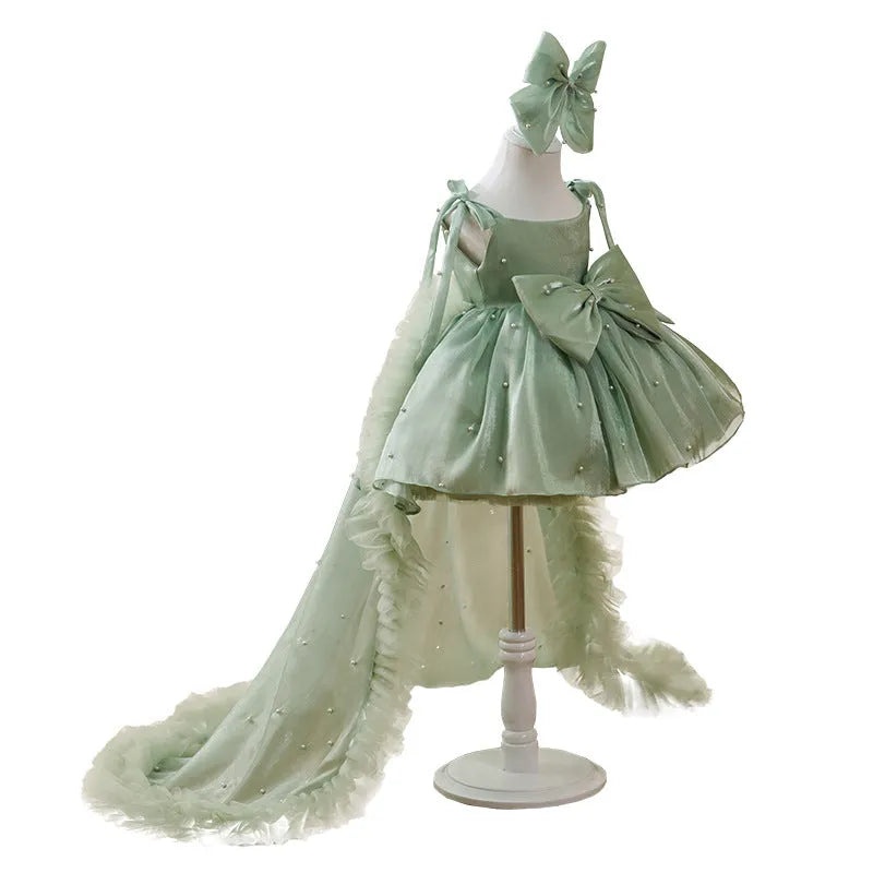 Large trailing mesh children's dress in MHA076 Green, polyester fabric, sizes 80cm to 160cm