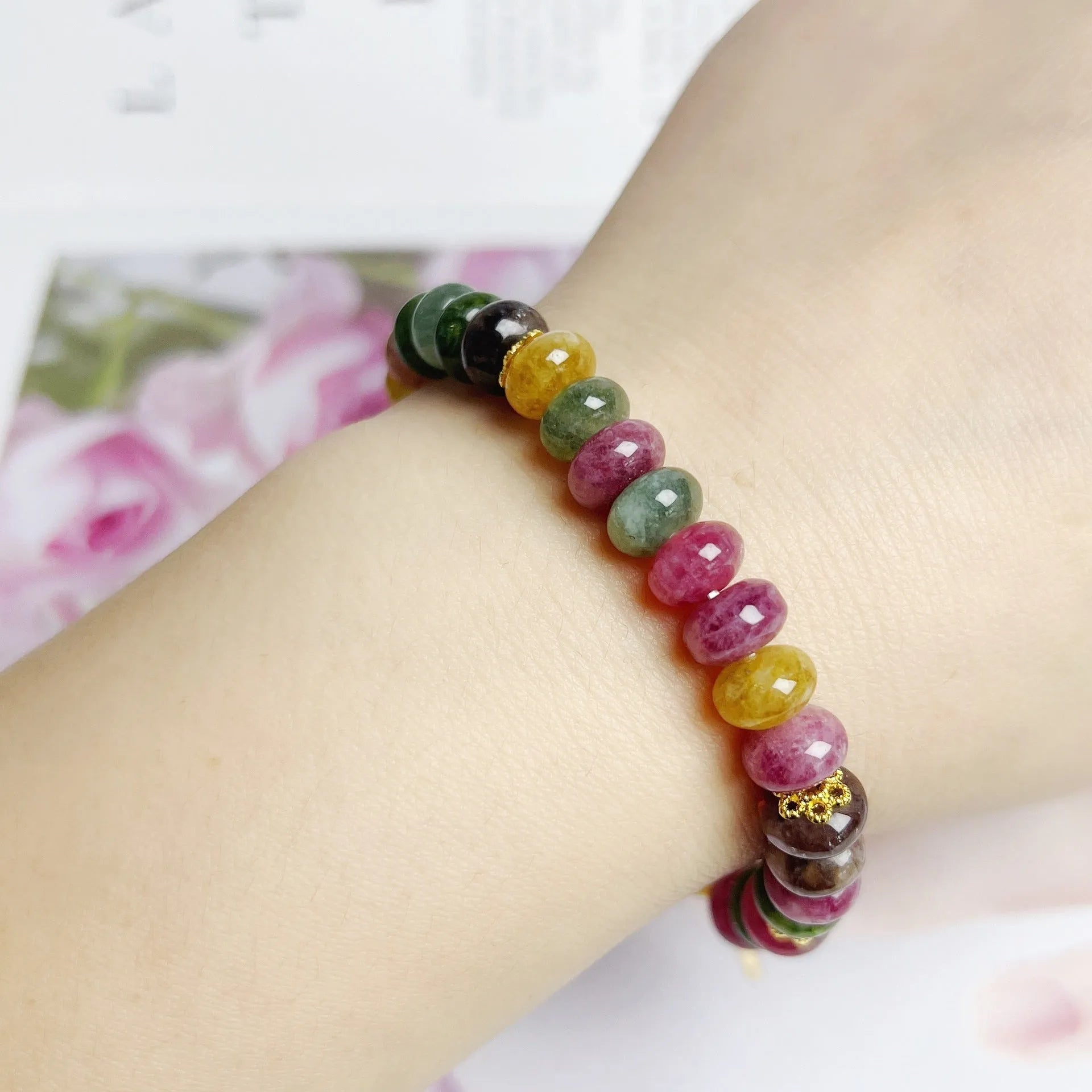 Colourful tourmaline abacus beads jade bracelet for women with artificial crystal beads and original design
