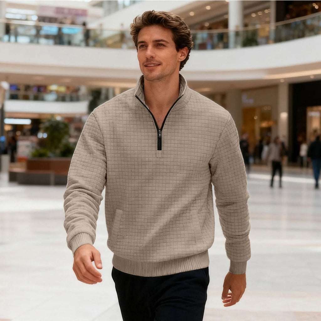 Men's stand-up collar jacquard small check sweatshirt with long sleeves and side pockets on a model