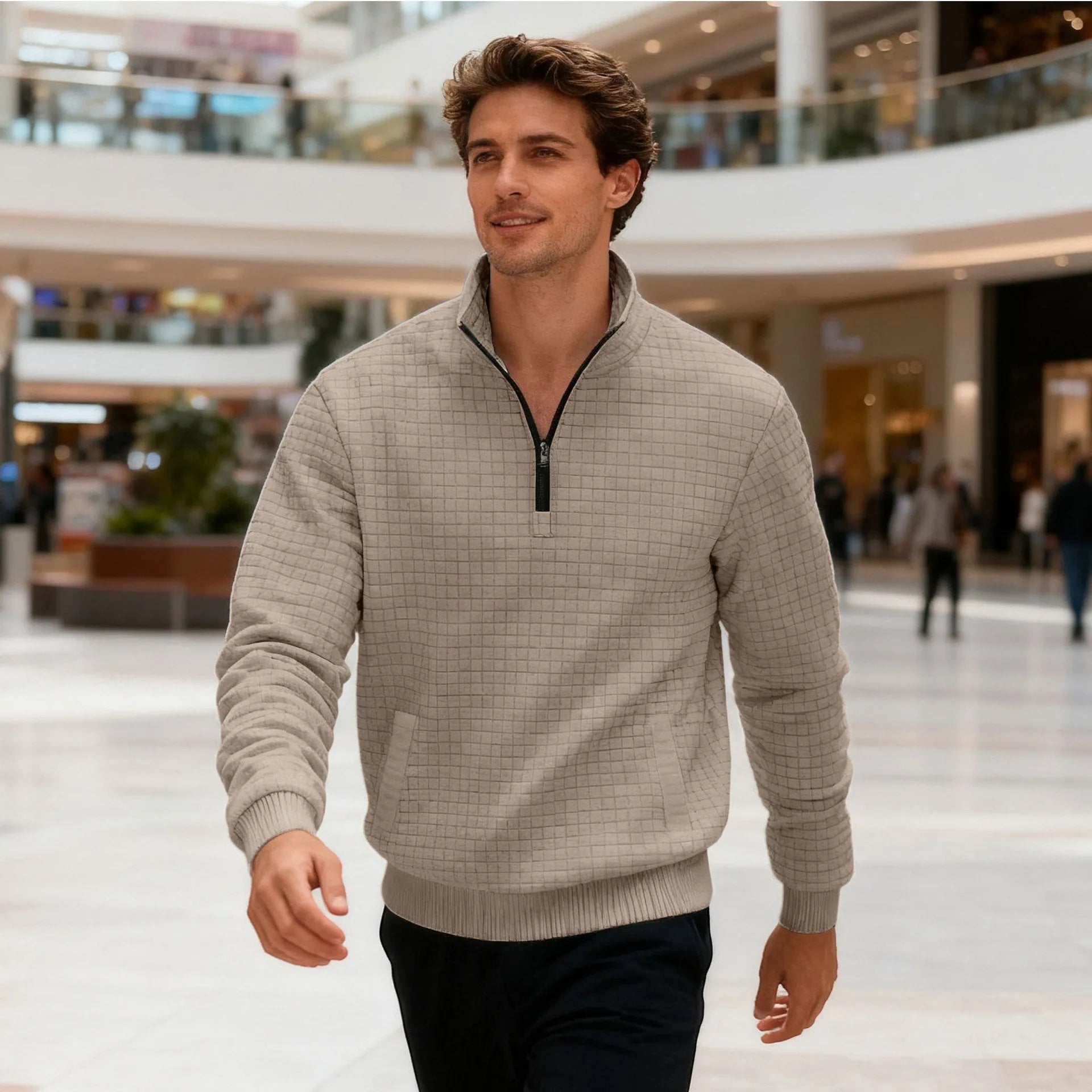 Men's stand-up collar jacquard small check sweatshirt with long sleeves and side pockets on a model