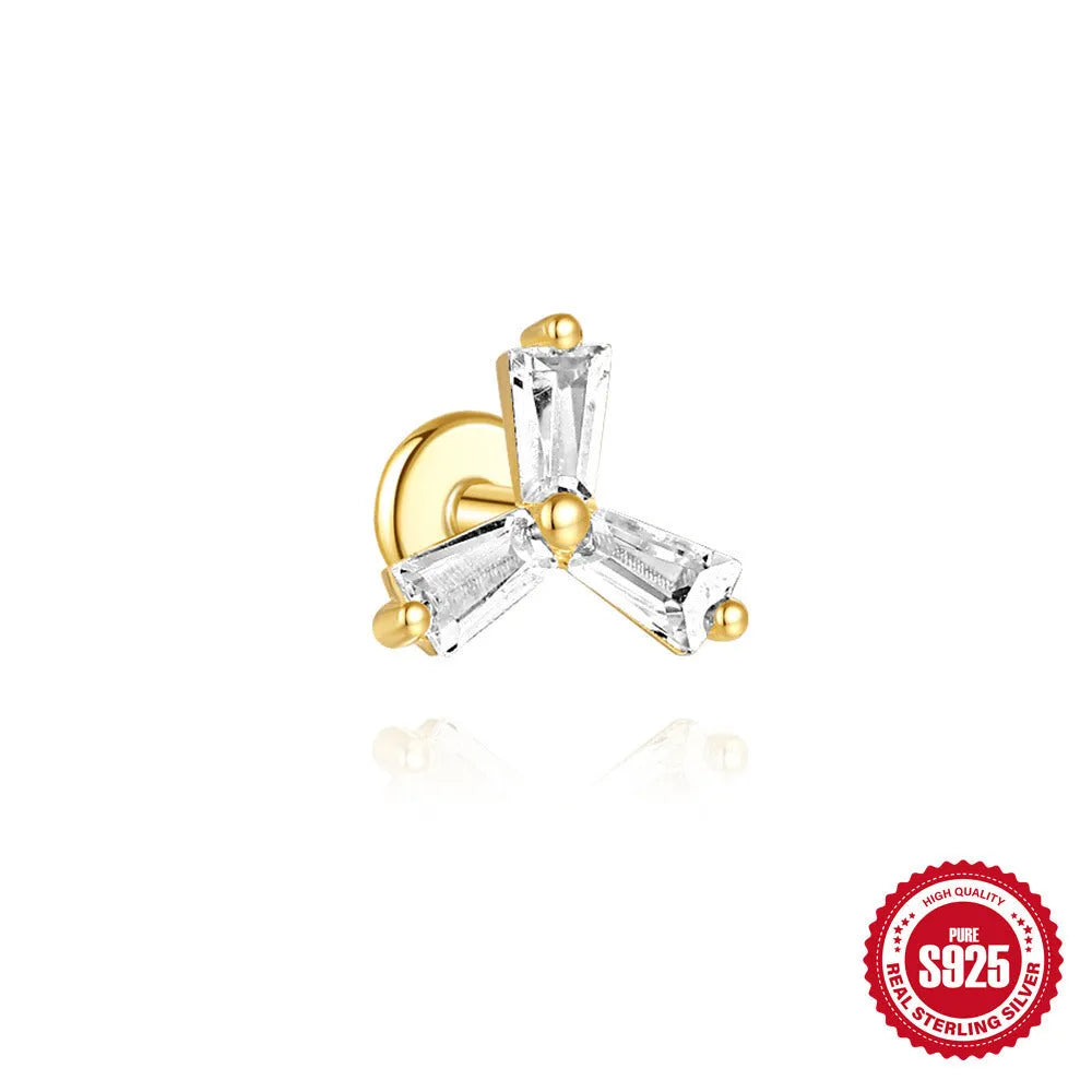 Golden geometric sterling silver earrings with zircon inlays for double piercings