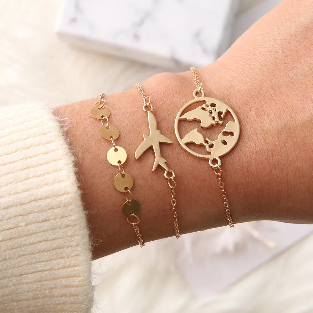 Women's bohemian aircraft map charm bracelet three-piece set with heart-shaped alloy charms