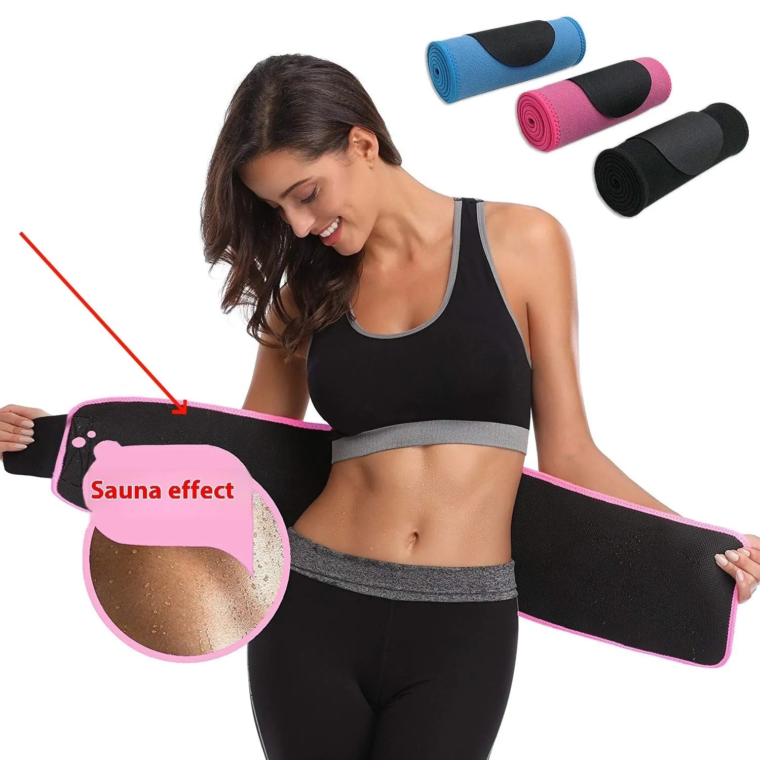 A neoprene hot lumbar support fitness belt in black, blue, or pink colour.