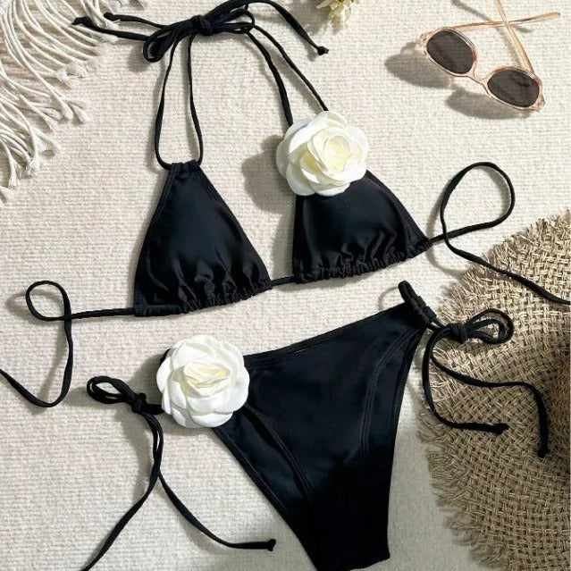 Black 3D flower drawstring lace split bikini set on a mannequin.