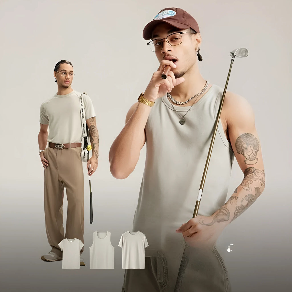 Slim fit stretch t-shirt set including a vest, men's short sleeve, and women's short sleeve top in assorted colours.
