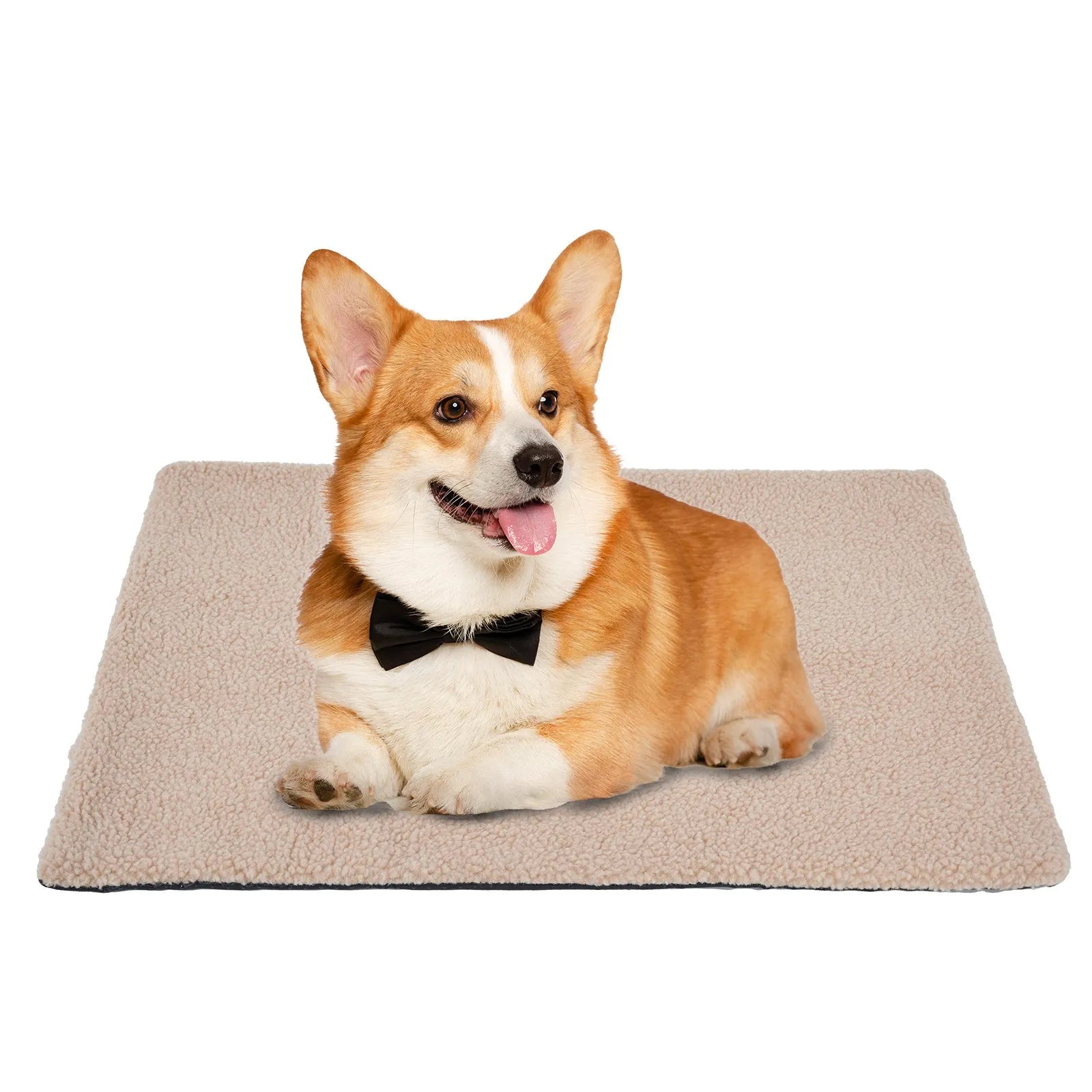Grey self-heating plush pet pad for cats on a wooden floor