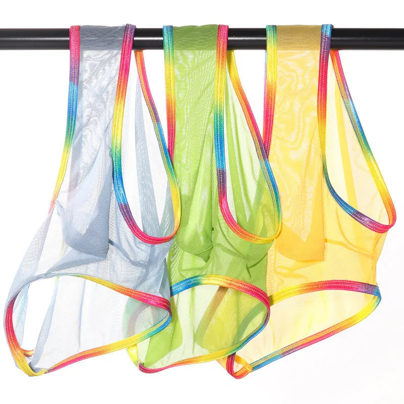 Women's transparent mesh briefs in multiple colours showing knitted nylon fabric construction