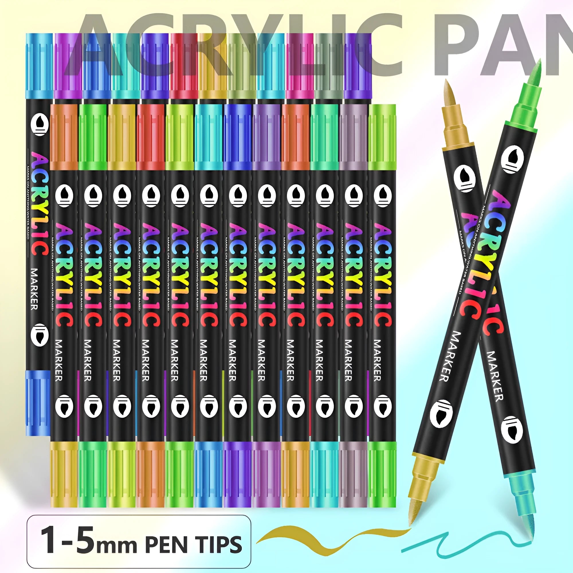Set of double-headed acrylic marker pens showing two colour tips per pen with washable opaque ink