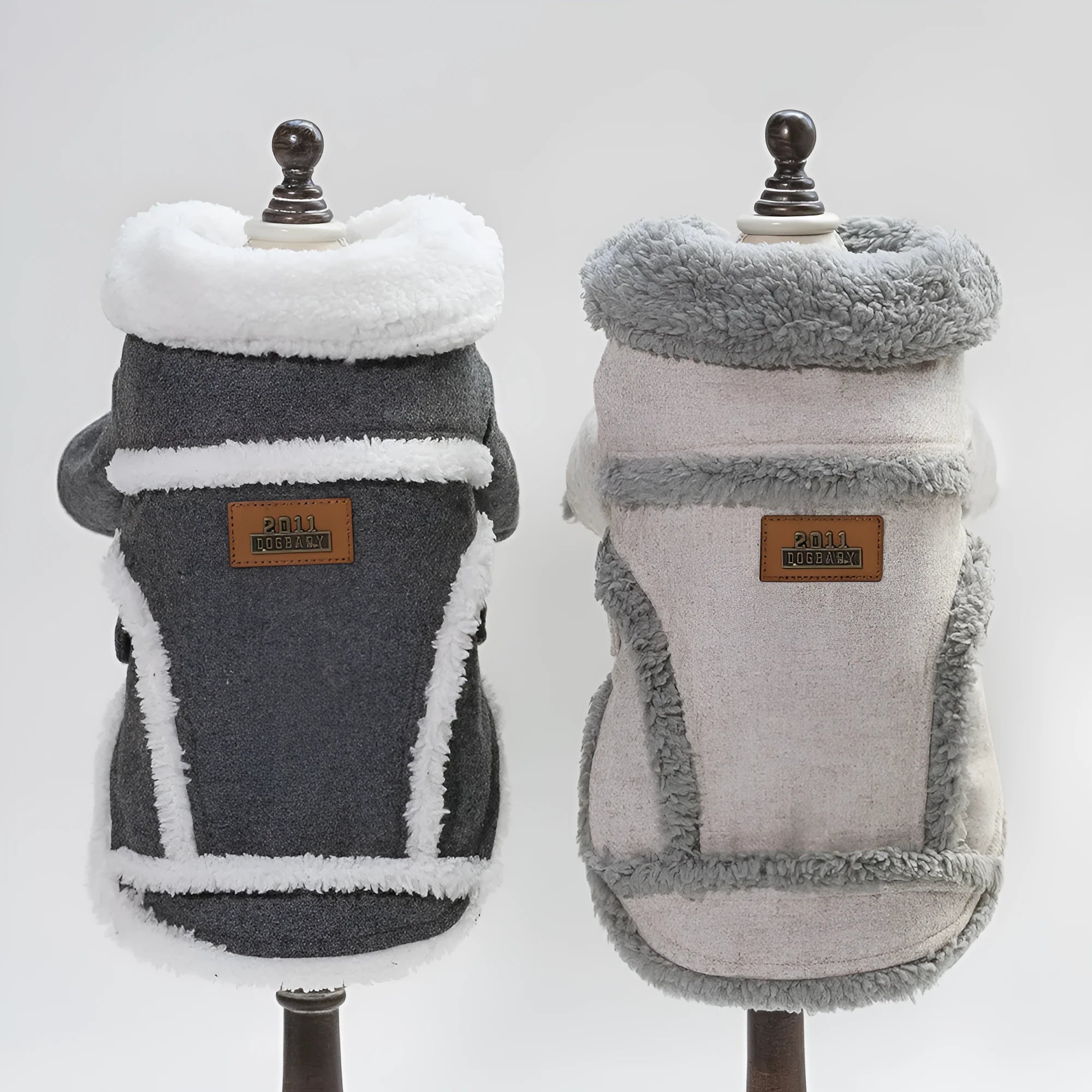 Cotton winter dog jacket in dark gray, Nordic style, size L, on a pet store display