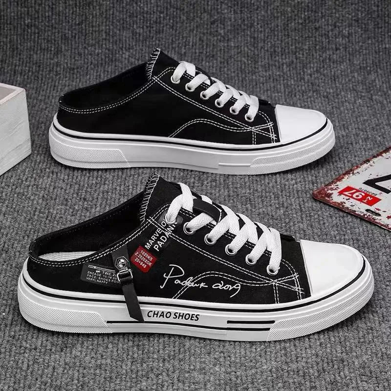 Men's canvas slip-on casual shoes in black or blue with round toe and PVC soles