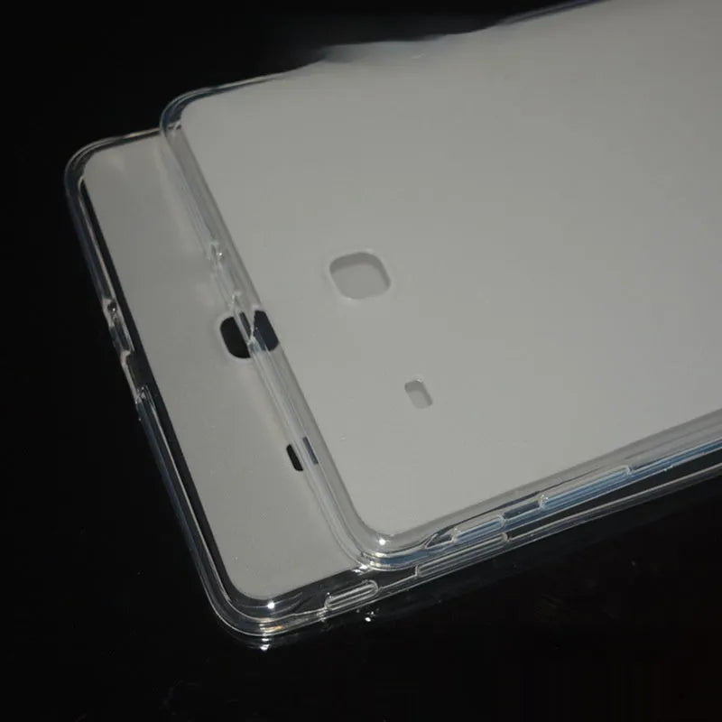 Clear white transparent ultra-thin silicone and TPU tablet protective case showing tablet through clear material