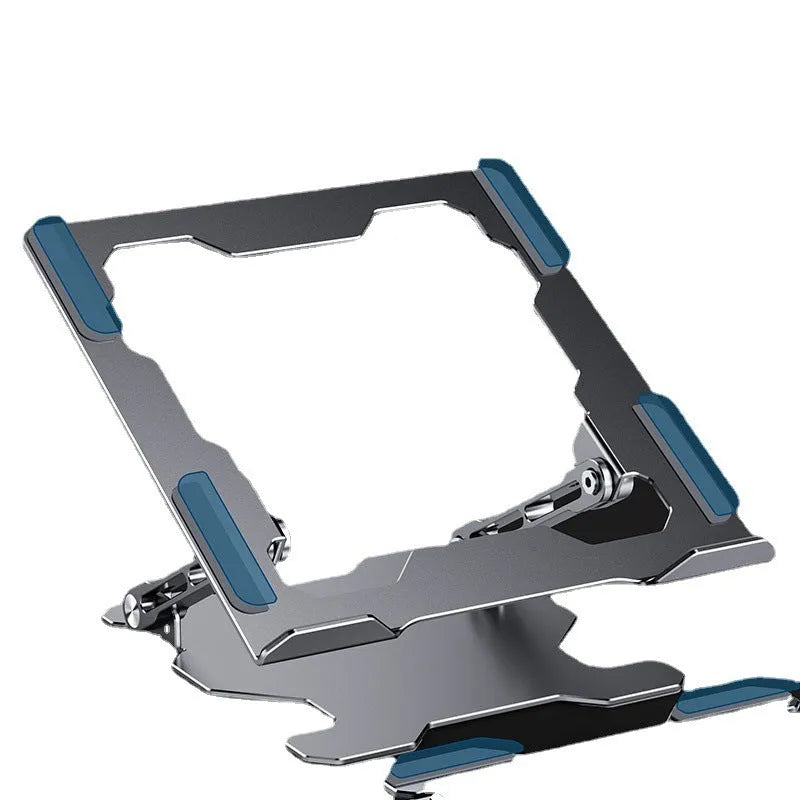 Grey adjustable aluminum laptop stand in folded and open positions on a wooden desk