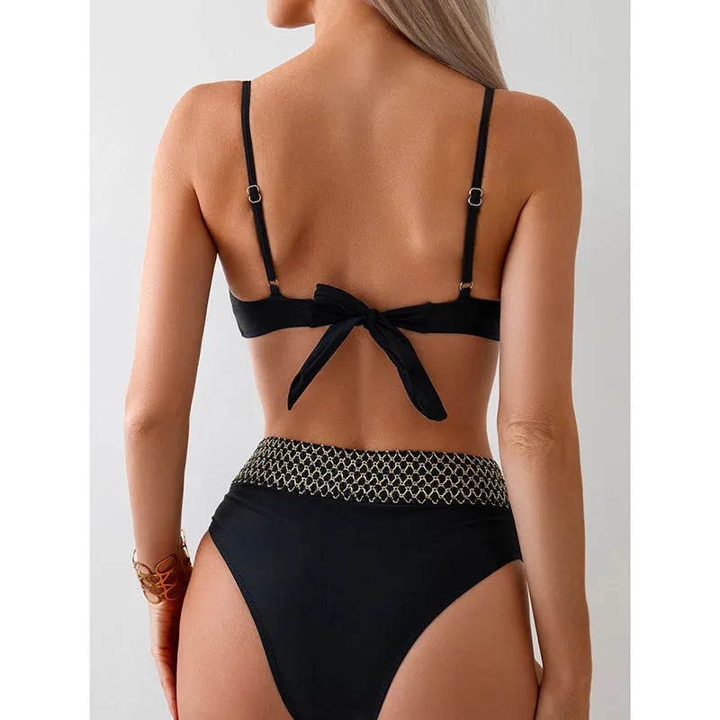 Black two-piece bikini swimsuit with split briefs style and sleeveless top