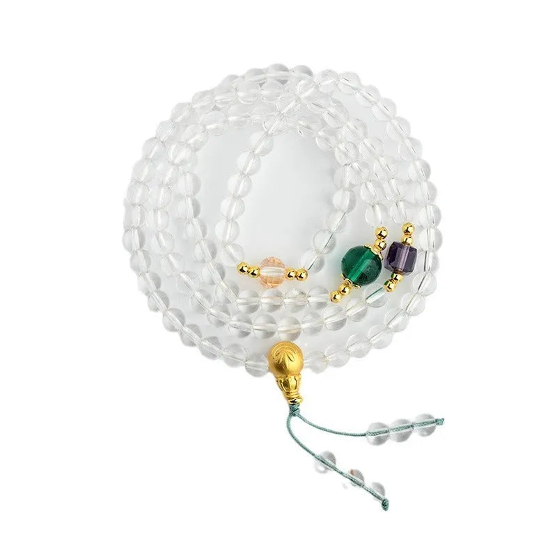 White crystal 108-bead rosary bracelet necklace with geometric ethnic style design