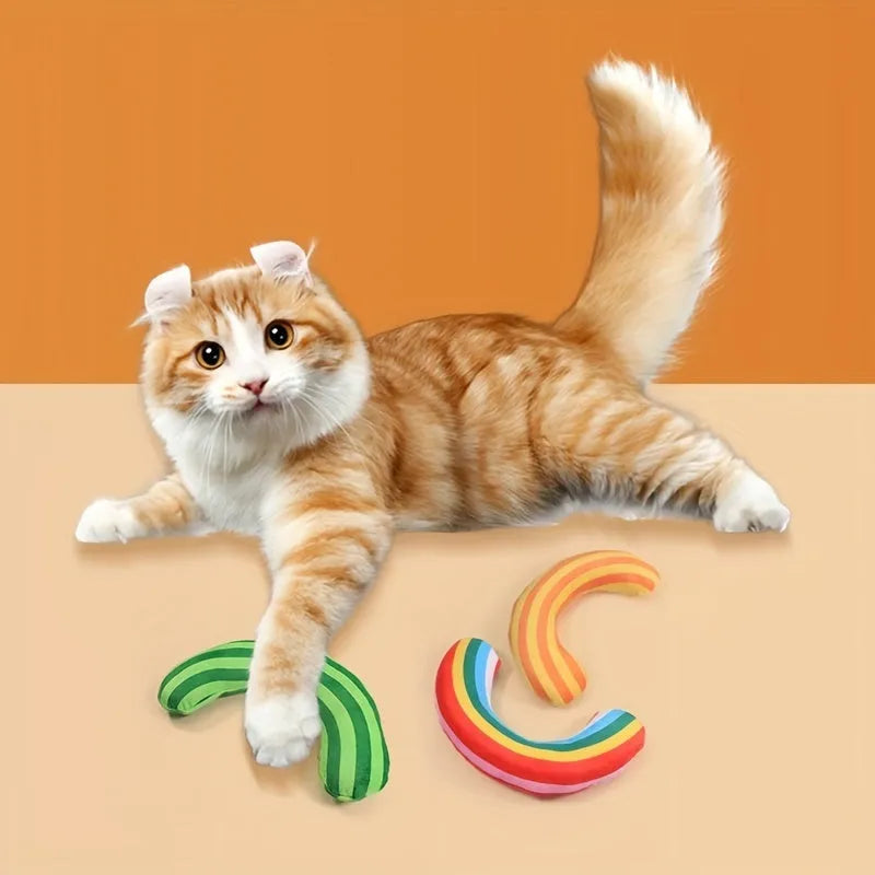 Set of four striped pattern cat toys with catnip and bells in green, rainbow, and yellow colours