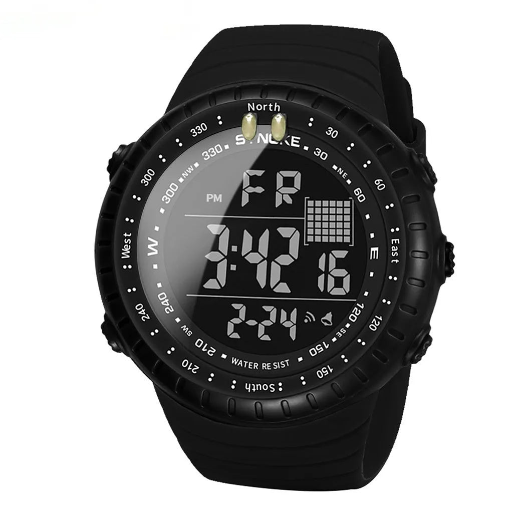 Black waterproof men's electronic watch with plastic case and PU strap showing dial detail