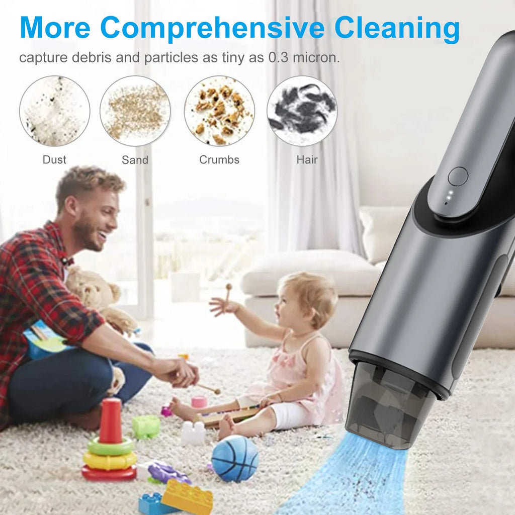 Black portable wireless handheld car vacuum cleaner with brush and flat attachments on a car seat.