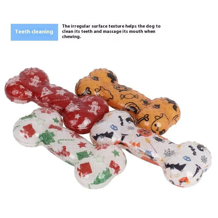TPR dog nibbling sound toy with printed bone pattern in Christmas red colour