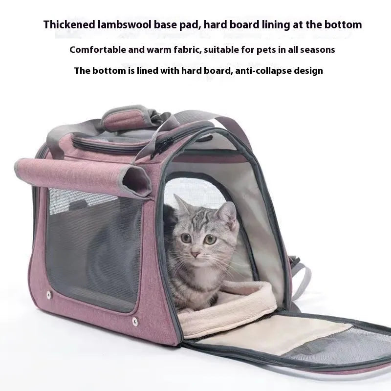 Canvas pet carrier bag in gray with large 35-litre capacity for cat travel, hard-sided and breathable design