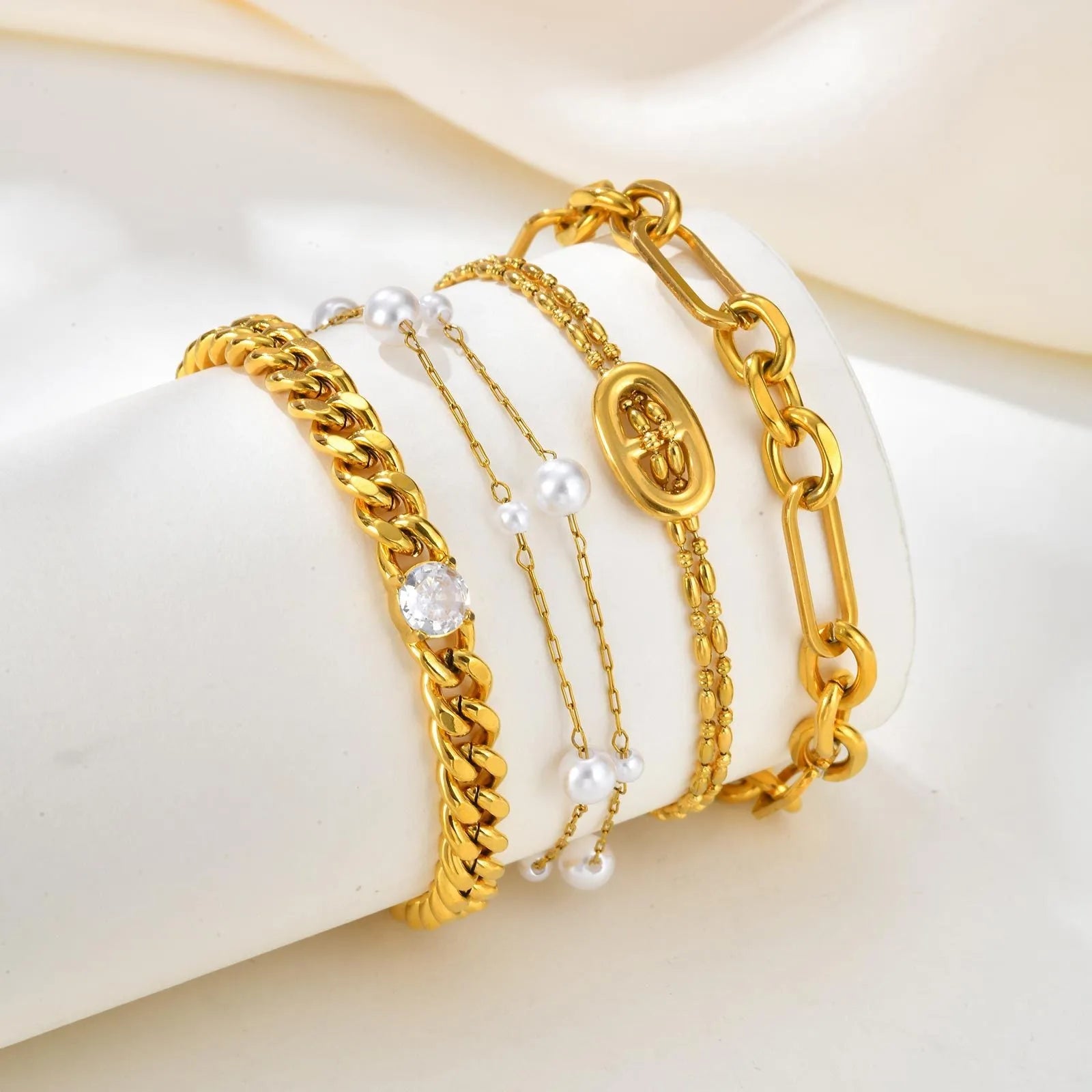 Women's titanium steel double-layer imitation pearl bracelet in geometric style with electroplated gold finish