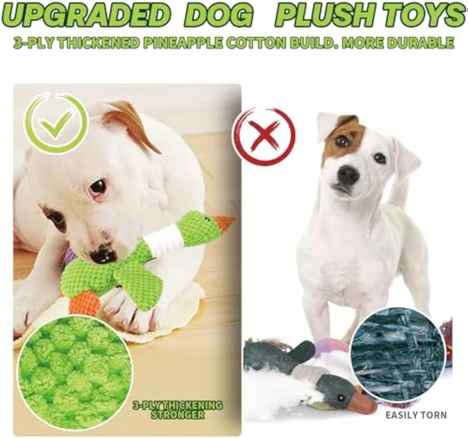 Blue durable plush duck dog toy with squeakers on a white background.
