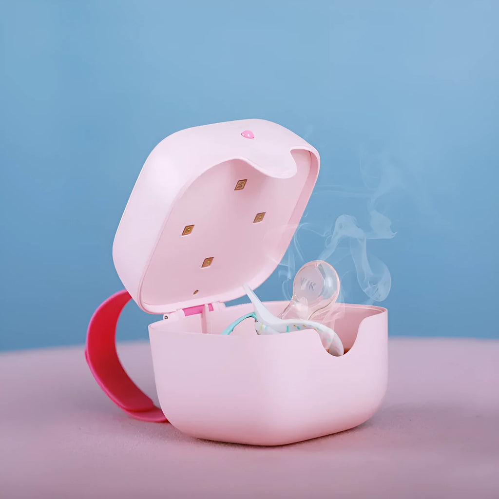 White baby pacifier UV disinfection box with lid closed, 9.5cm diameter