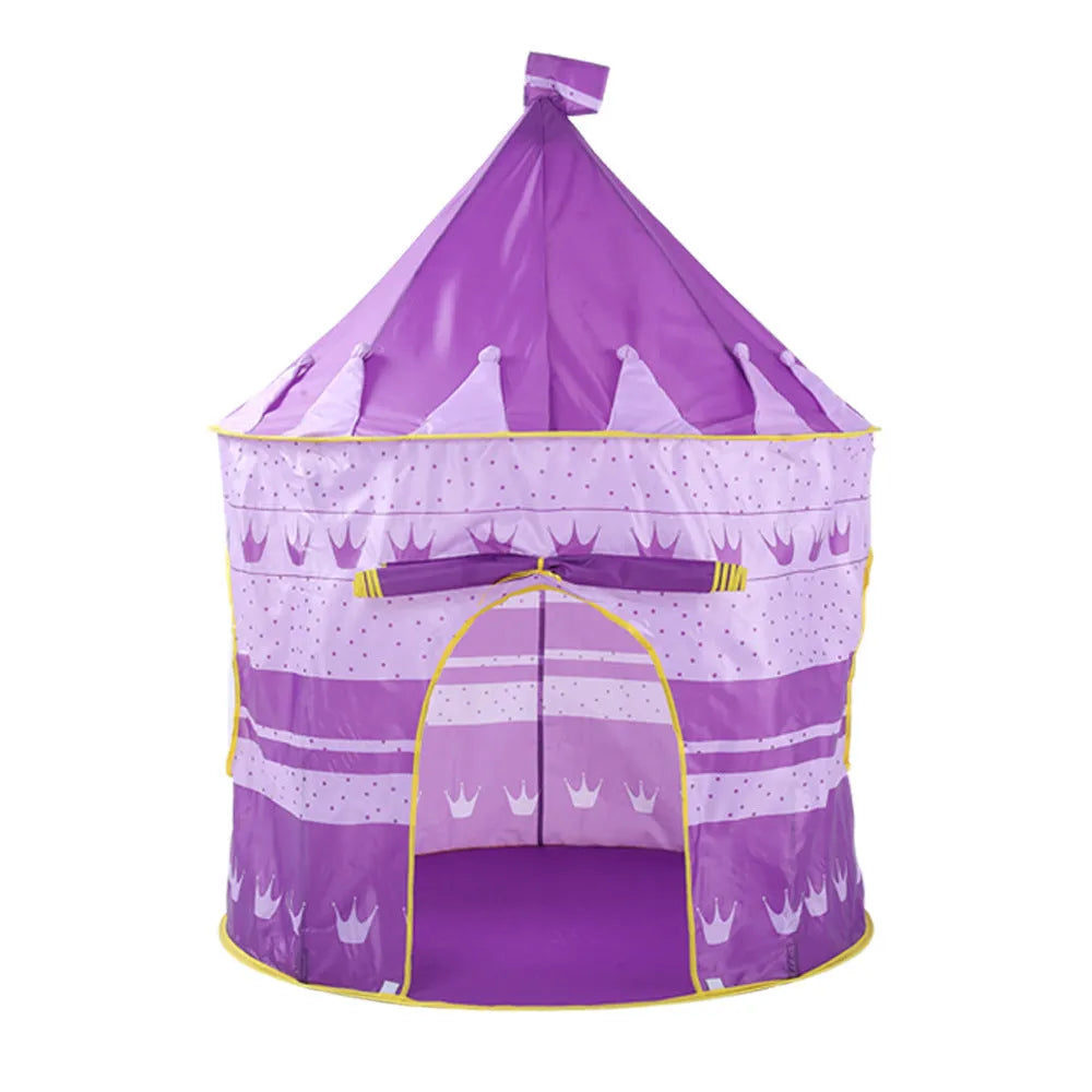 Kids foldable castle play tent in blue with sturdy poles and open front, ideal for indoor outdoor use