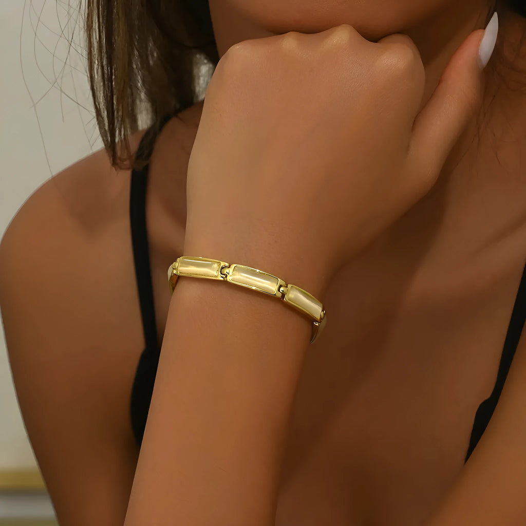Geometric rose gold alloy bracelet with gemstone inlay for women, quadrilateral shape