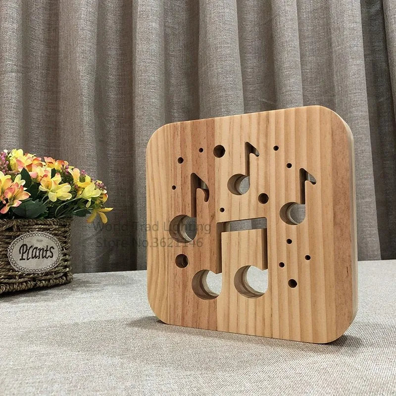 Natural pine wood 3D LED atmosphere light with warm white glow and USB cable.