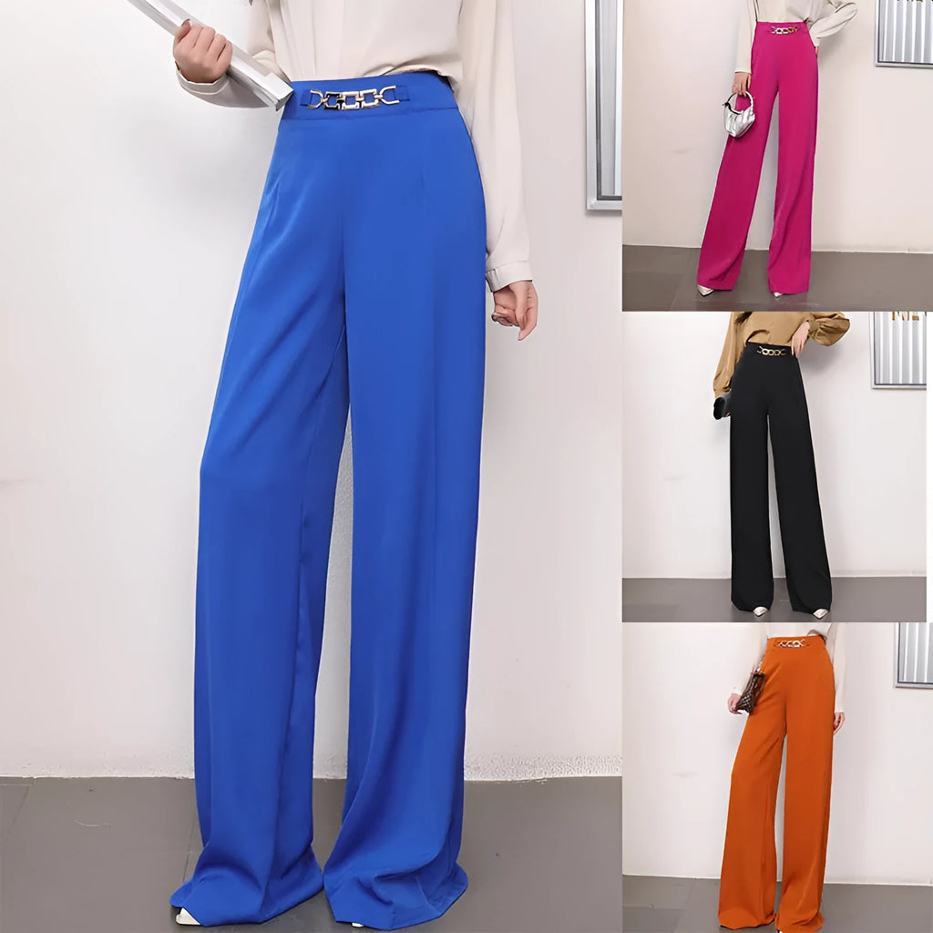 Solid colour drape wide leg pants for women in straight-leg polyester fabric with micro elastic waistband