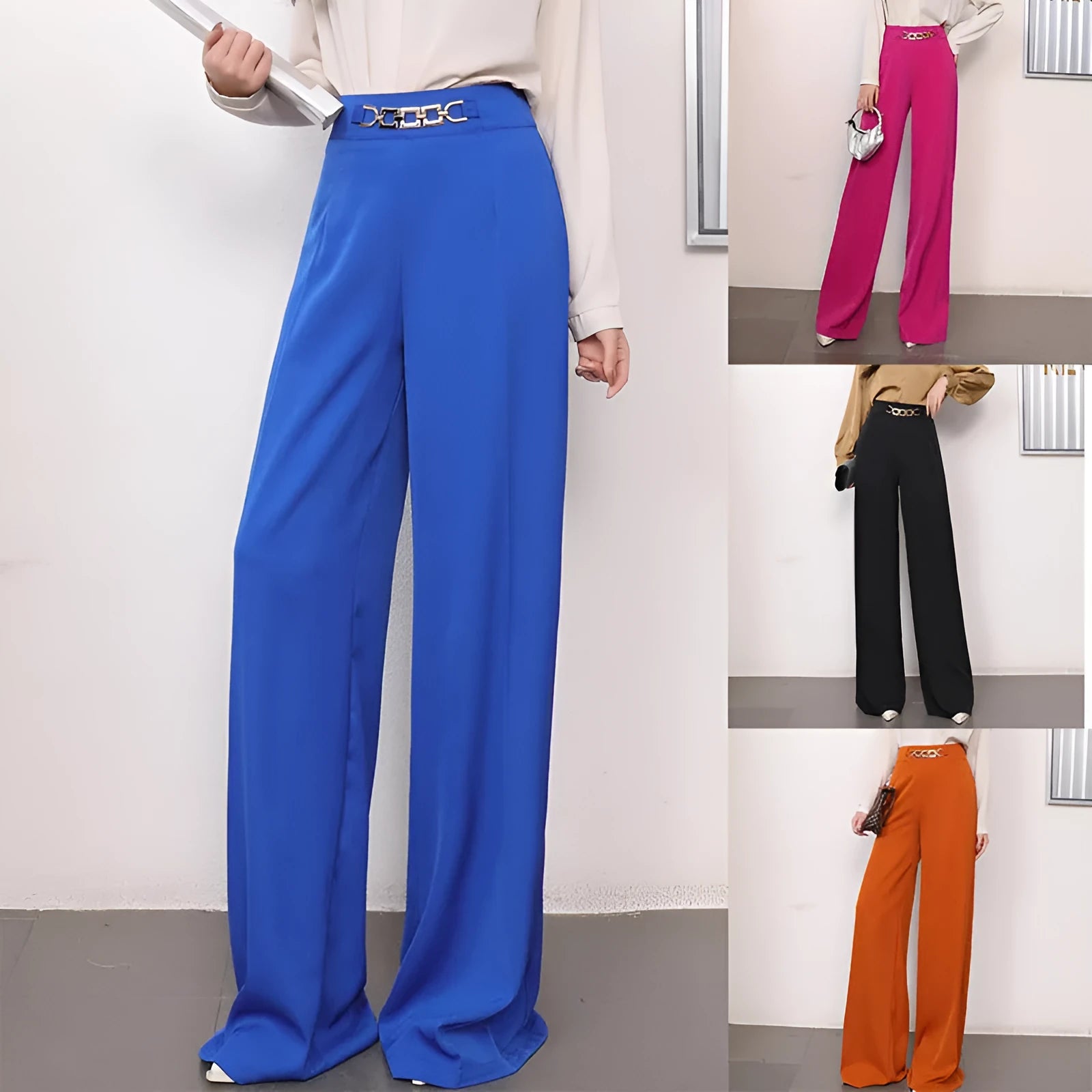 Solid colour drape wide leg pants for women in straight-leg polyester fabric with micro elastic waistband