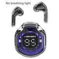 White wireless Bluetooth in-ear headset on a transparent background showing optional breathing light.