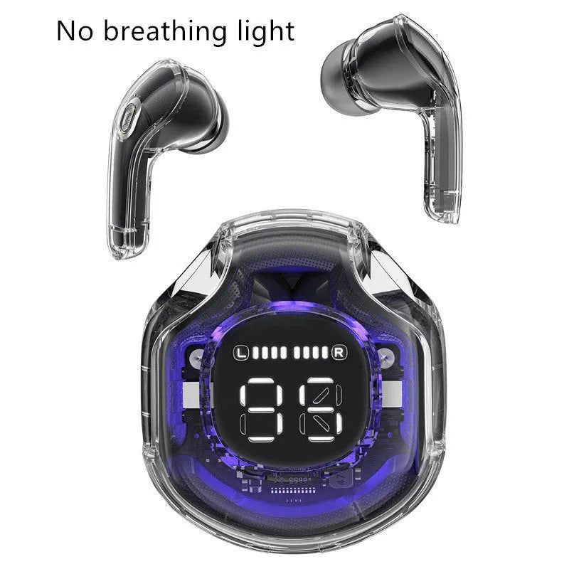 White wireless Bluetooth in-ear headset on a transparent background showing optional breathing light.