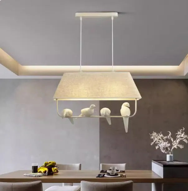 Bird chandelier ceiling lamp with fabric shade and iron frame in multiple head configurations