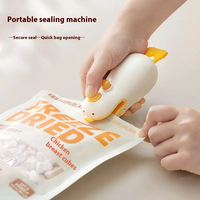 Small yellow duck-shaped rechargeable heat sealing machine with charging cable