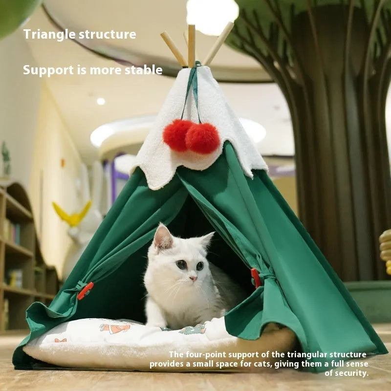Brown and white semi-closed cloth cat house bed for winter, shown in two available sizes.