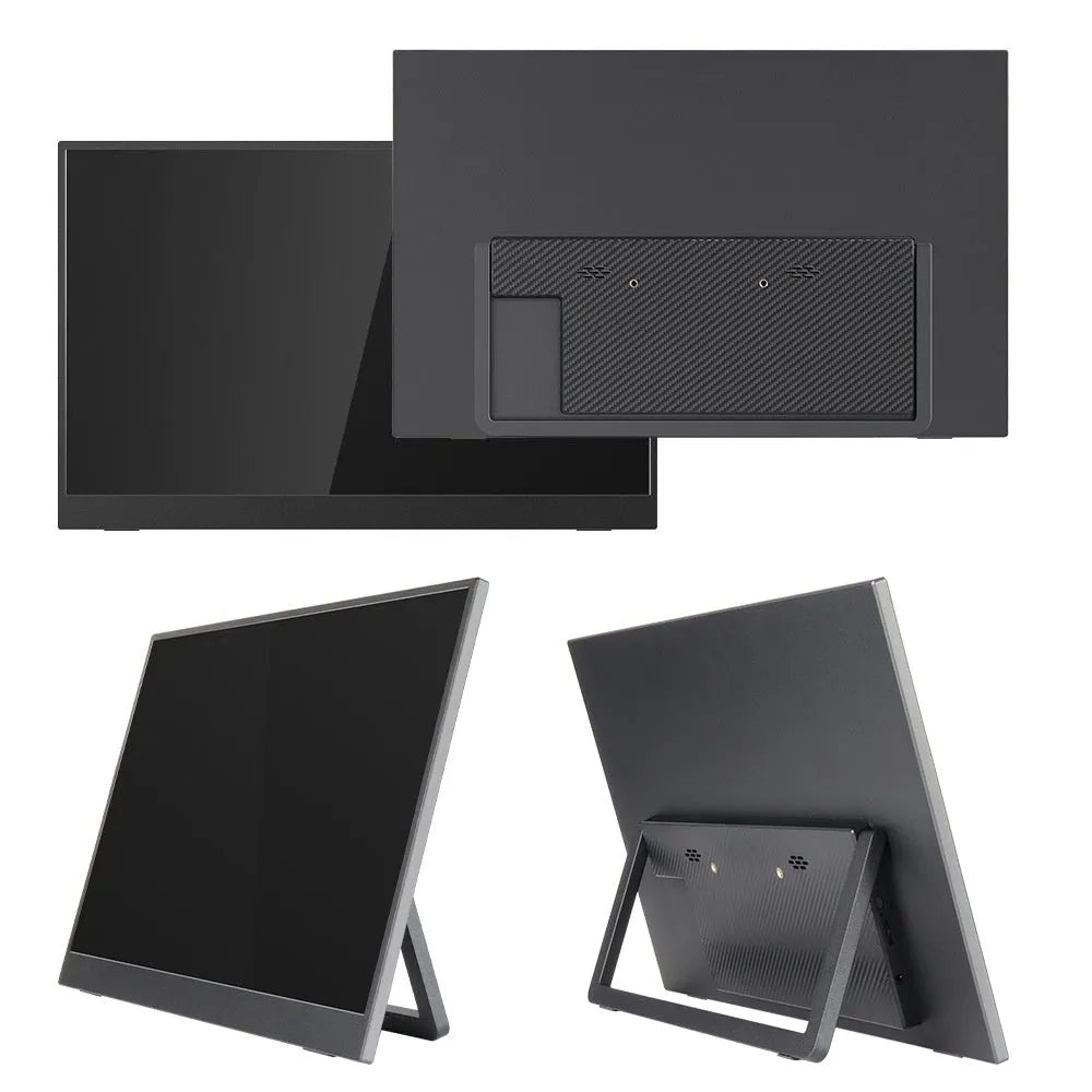 Black 15.6-inch portable computer monitor with adjustable stand on desk