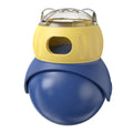 Morandi yellow and blue plastic owl-shaped tumbler cat toy with a food puzzle feeder.