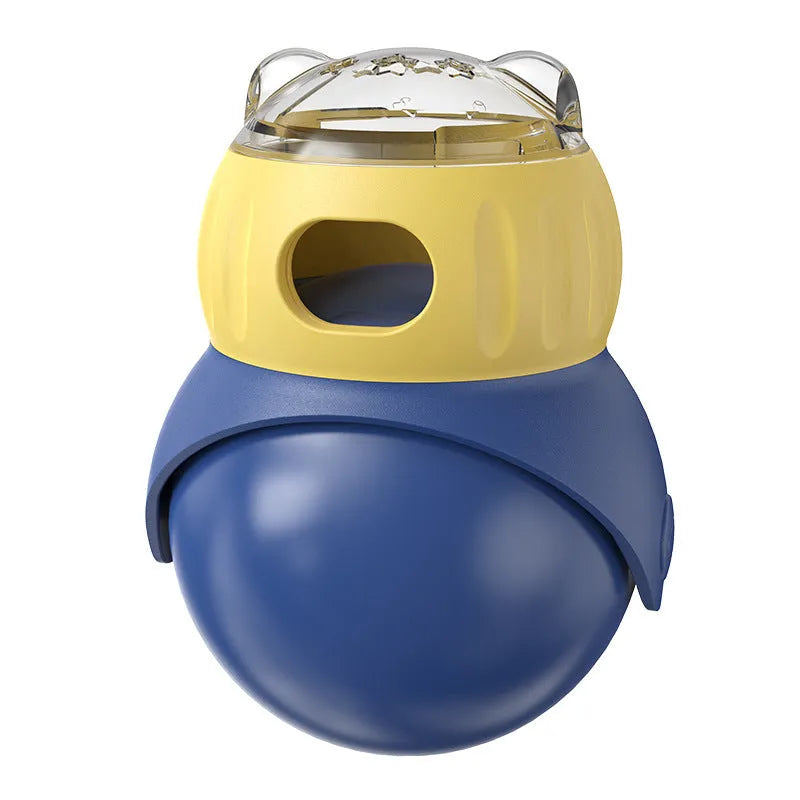 Morandi yellow and blue plastic owl-shaped tumbler cat toy with a food puzzle feeder.